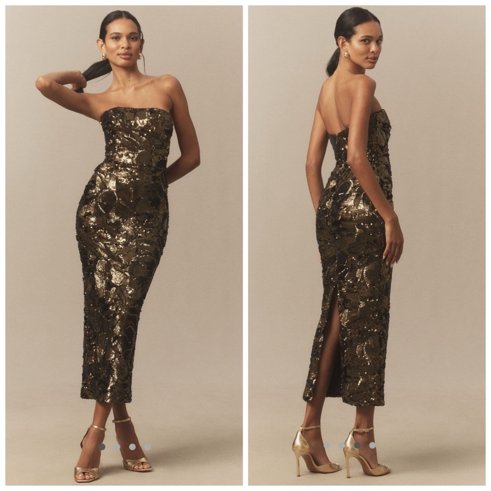 Helsi Leslie Strapless Stretch Sequin Midi Dress Olive‎ Metallic Gold XS